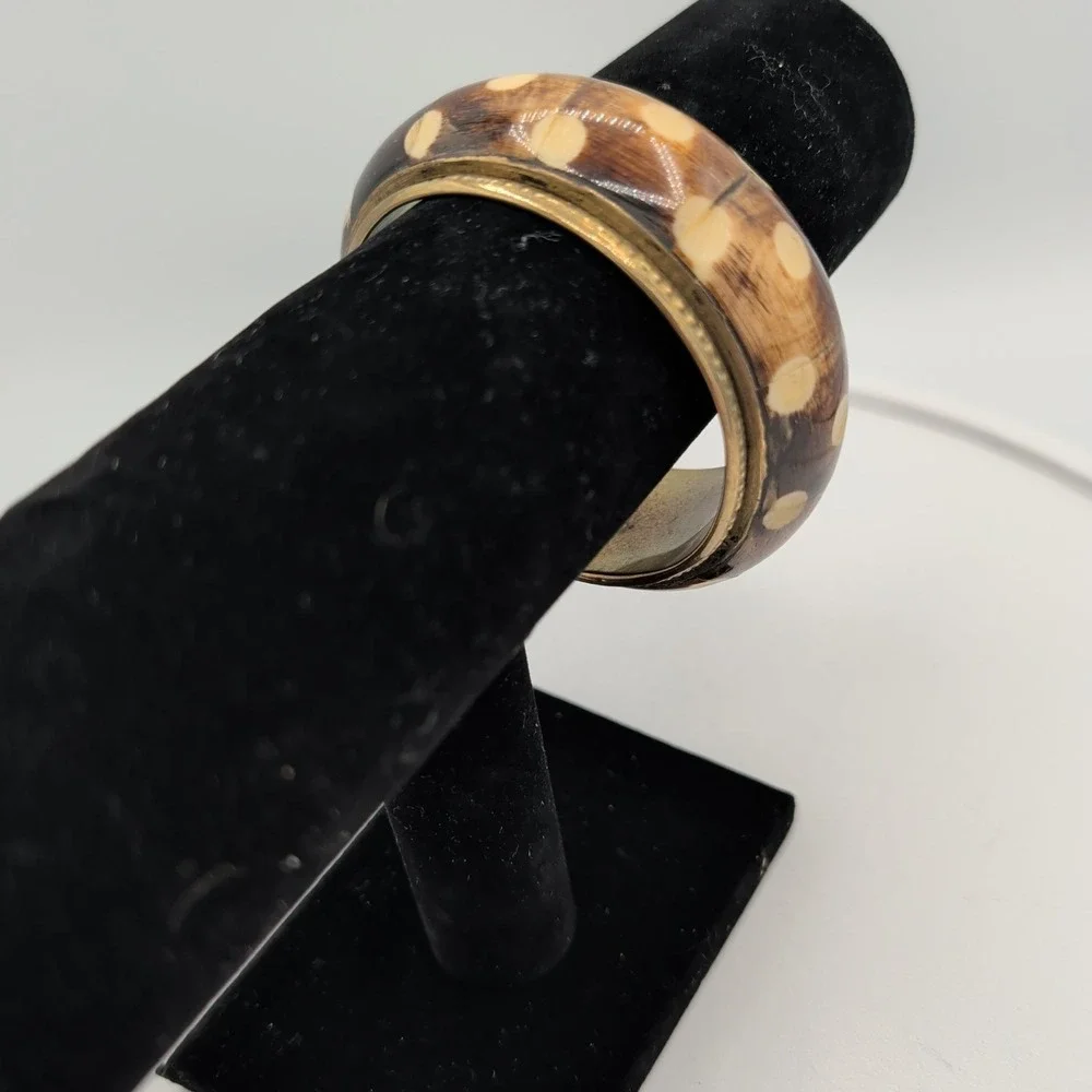 Vintage Brass Bangle Bracelet Inlaid‎ Batik Bone Polka Dot Boho Ethnic 7.5
